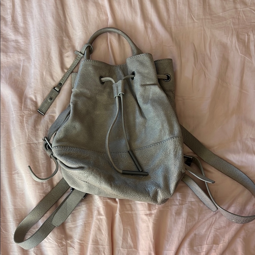 Gray Leather Drawstring Backpack